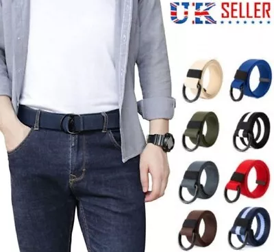 Mens Womens Canvas Double D-Ring Belts Fabric Webbing Waist Belt Strap Waistband • £6.89