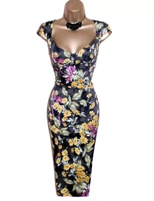 Karen Millen UK 12 (US 8) EXQUISITE VINTAGE MOCHA FLORAL PENCIL WIGGLE DRESS • £69.99