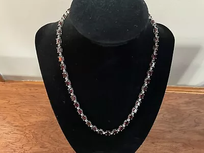 Vintage Oval Red Garnet Tennis Necklace In Sterling Silver 925 • $199