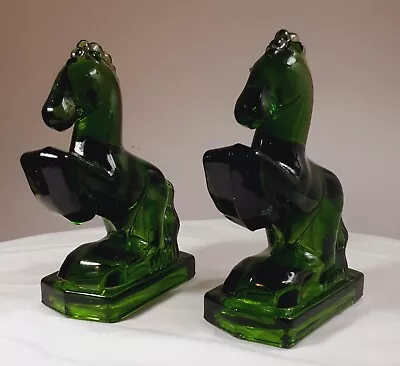 2 Vintage L.E. Smith Glass Kelly Green Horse Bookend Figurines • $34.99