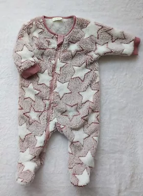 NEXT Baby Girl Zipped Baby Fleece Sleepsuit Up To 1 Months Pink Stars • £3.99