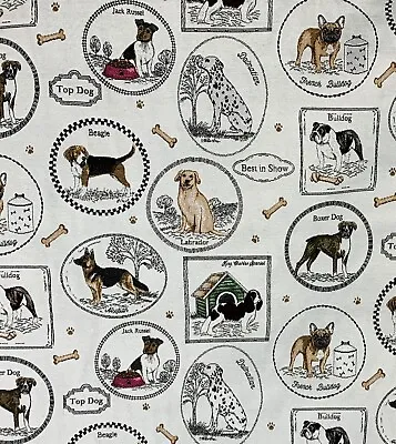 Dogs Woven Fabric Curtains Upholstery Beige Black Jack Russel Labrador By Metre • £3