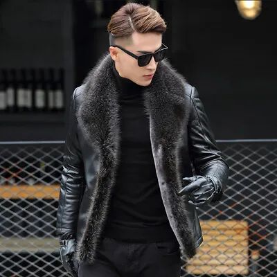 Genuine Winter Leather Jacket Men Big Raccoon Fur Collar Fleece Fur Lined Coat • $265.05