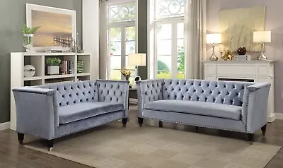 Mid Century Modern Living Room Couch Set NEW Blue Gray Velvet Sofa Loveseat IRA1 • $1956.71