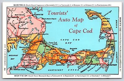 Maps~Cape Cod Tourist Auto Map Route 28 & 6~Vintage Postcard • $3.50