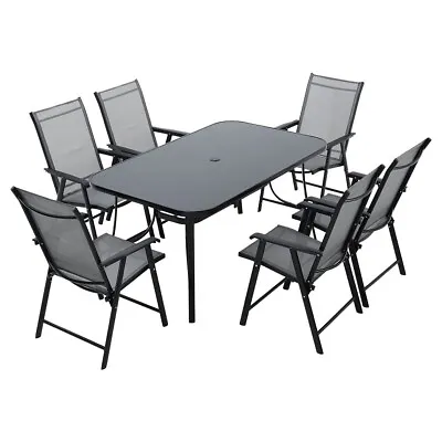 Bistro 150cm Large Dining Glass Table Folding Chair Set Garden Patio Furniture • £69.95