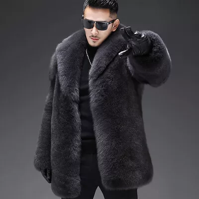 Mens Natural Black Real Fox Fur Coat Winter Thick Warm Jacket Fur Overcoat Lapel • $1167.37