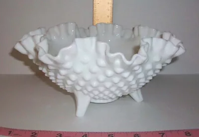 Vintage Fenton Milk Glass Three Footed Ruffled Crimped Edge Hobnail Bowl Dish 8  • $15