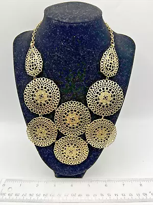 Signed ZAD Large Medallion Aged Gold Tone Bib Statement Necklace • $18