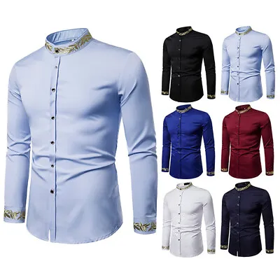 Mens Formal Grandad Shirt Long Sleeve Business Mandarin Collar Smart Shirts 42 * • $6.81