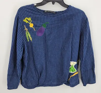 $28.50 • Buy Zara Trafaluc Top Womens Medium Blue Stripe Embroidered Vegetables Whimsical