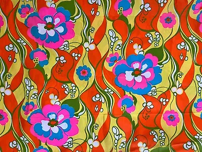 3 Yards Vtg 70s Groovy Psychedelic Flower Power Fabric Bright Neon Rare Retro • $99.99