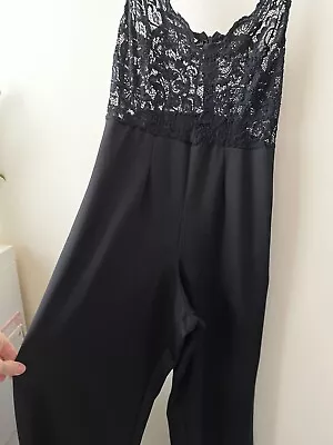 PLT Jumpsuit Size 12 Black Lace Sleeveless Strappy  Wide Leg Party Going Out • £10