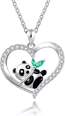 925 Sterling Silver Panda Bear Necklace Bamboo Heart Pendant I Love You Forever • $63.32