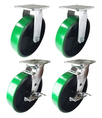 $127.45 • Buy 4 Heavy Duty Caster 8  Polyurethane Cast Iron Wheels Rigid Swivel & Brake Green