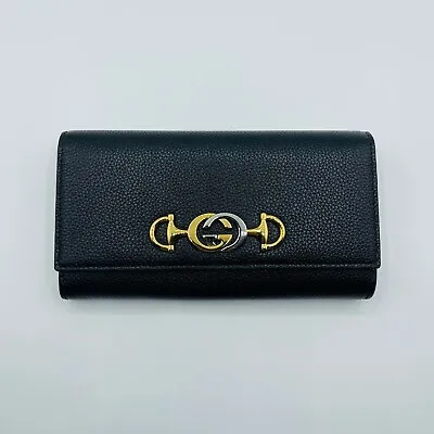 Gucci Zumi Black Leather Continental Wallet Gold Silver GG Horsebit 573612 1000 • $494.99