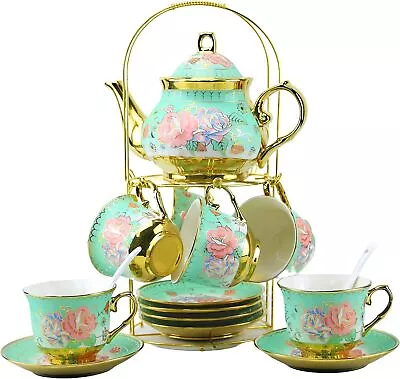 20 Pieces Porcelain Tea Set With Metal Holder European Ceramic Tea Set • $37.99