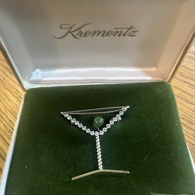 New In Box Krementz Vintage Jade Olive Crystals Martini Pin Brooch • $20