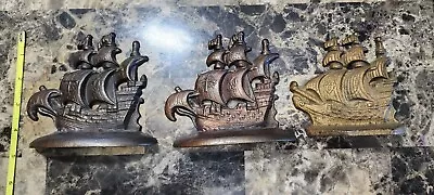 😘 Lot Of 3 Art Deco Heavy Bronzed Cast Iron Pirate Ship Book Ends • $69.99