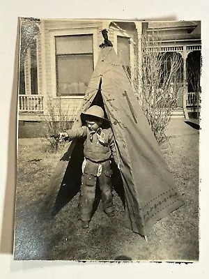 Antique Photograph Adorable Little Boy Cowboy Costume Teepee Chaps Pistol 1917 • $18