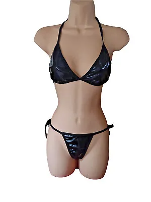 £10.79 • Buy PVC Bra Thong Set Tie Side Halter Neck Black Sexy Fetish Wear Lingerie Size 8 10