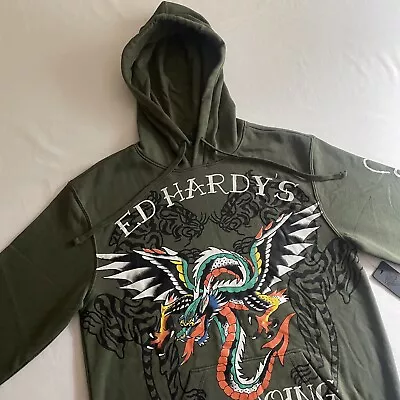 Ed Hardy Hoodie Mens Medium Green Dragon Tiger Fleece Pullover Sweater Y2K NEW • $49.99