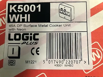 £39.99 • Buy Mk Logic Plus K5001whi 45a Dp Metal Cooker Unit Switch (k5011whi With Back Box)