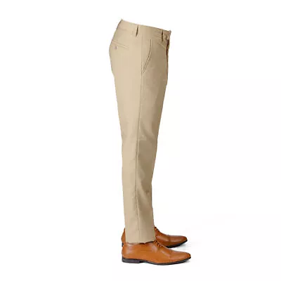 Slim Tailored Fit Solid Beige Tan Mens Dress Slacks Pants Flat Front By AZAR MAN • $39.95