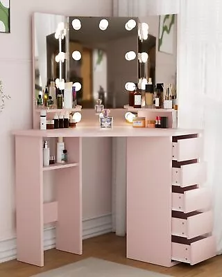 Corner Makeup Vanity Desk W/ Mirror And Lights 44'' Bedroom Vanity Table Shelf- • $158.99