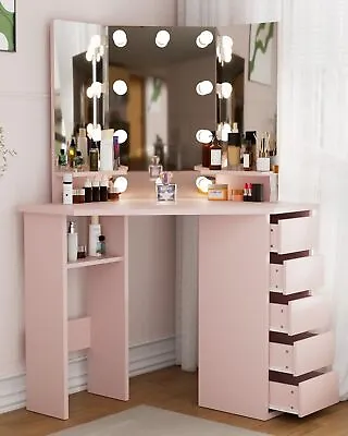 Corner Makeup Vanity Desk W/ Mirror & Lights 44'' Bedroom Vanity Table Shelves • $158.99