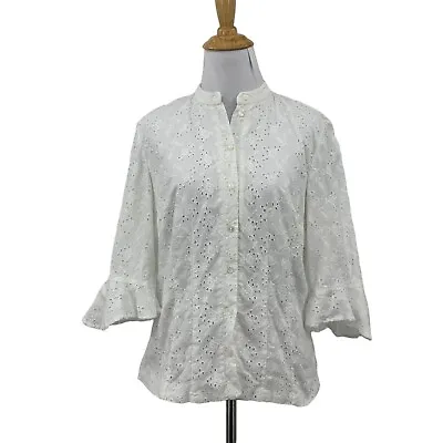 Lauren Ralph Lauren Eyelet Blouse Womens 8 Mandarin Collar Button Up Bell Sleeve • $16.95