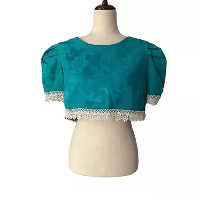 Vintage Reworked I Dream Of Jeanie Cropped Lace Top Blue Floral Jacquard Small • $40