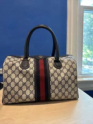 Vintage Gucci Stripe Navy Monogram Hand Bag GG Boston (S53) • $325