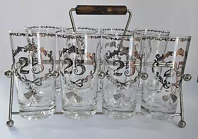 Vintage Set 8 Culver 25th Anniversary Highball Barware Glasses W/Caddy Signed • $34.99