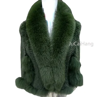 Women Coat HandMade Knitted Mink Fur Shawl With Fox Fur Collar Cloak - Green • $157