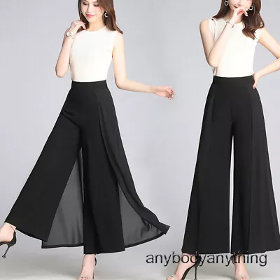 Women Chiffon Wide-leg Trousers Straight High Waist Cropped Pant Casual Culottes • $29.99