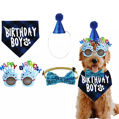 Dog Boy Birthday Party Supplies Hat Bandana Glasses Bowtie Set Small Medium Pet • $12.89