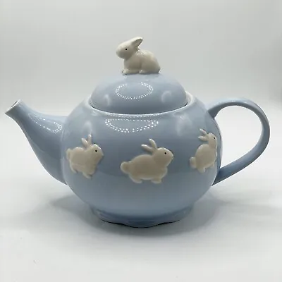 Kate Williams Global Design Easter Bunny Rabbit Blue White Ceramic Teapot RARE • $64.99