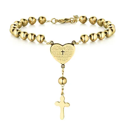 Stainless Steel Beaded Rosary Chain Heart Prayer Cross Bracelet For Men Women • $8.99