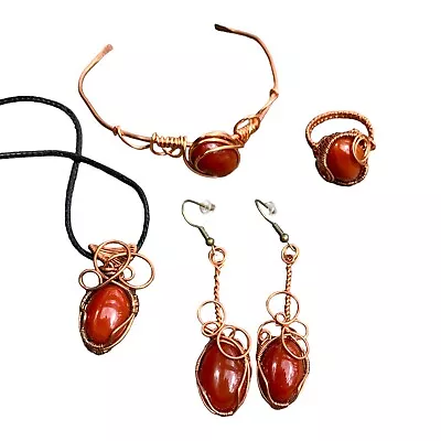 Handmade Carnelian & Copper Bracelet Ring Earrings Ring Matching Jewelry Set • $180