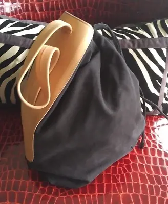 L.A.M.B. Bucket Bag Shoulder Pack Gwen Stefani Tan Leather Black Nubuc Suede • $199
