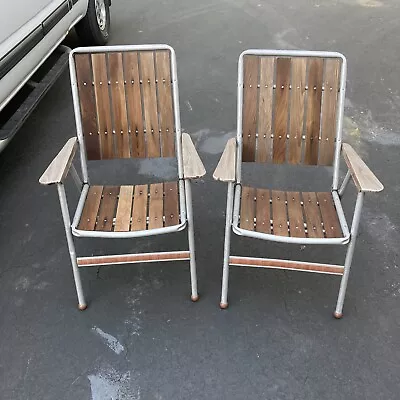 Vintage Red Brown Wood Slat & Aluminum Lawn Folding Cedar MCM 60s Good Condition • $20