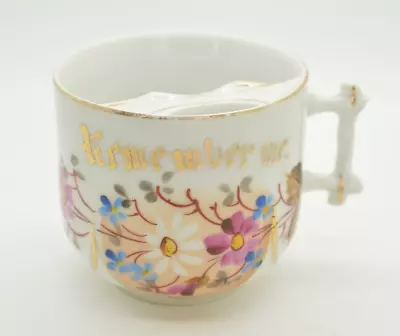 Antique Mustache Cup  Remember Me  Pink Flower Floral Gold Trim German Porcelain • $14.99