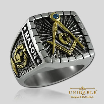 Master Mason Sterling Silver Masonic Ring Gold 18K Plated All Sizes By UNIQABLE • $137.70