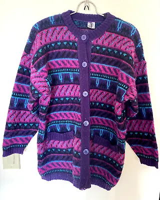 Vintage Viking Wool Native Southwest Aztec Iceland Cardigan Purple Sweater Sz M  • $35.99