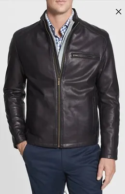 Cole Haan Men Black Lambskin Moto Jacket Stand Collar Sz XL • $95