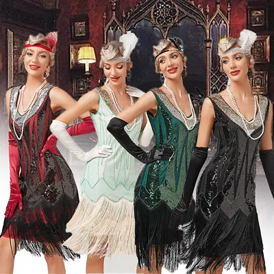 Retro 1920s Flapper Gatsby Charleston Party Sequin Fringe Evening Cocktail Dress • £29.44