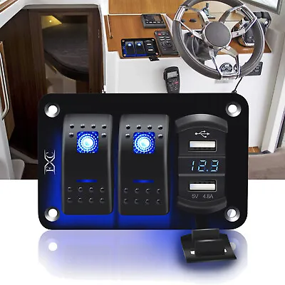 12V 24V 3 Gang Blue LED Rocker Switch Panel With USB Charger Boat Caravan RV • $35.19