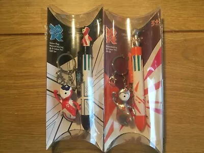 2 X LONDON 2012 OLYMPICS MASCOT KEYRING & 8 COLOURS PENS SETS UNION FLAG WENLOCK • £3.99