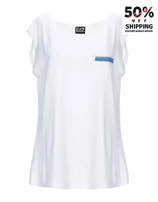 EMPORIO ARMANI EA7 Jersey Top Size L Logo White Stretch Cap Sleeves Round Collar • £14.99